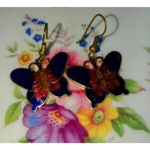 Vintage 1980s Butterfly Cloisonné Dangle Earrings Purple Gold
